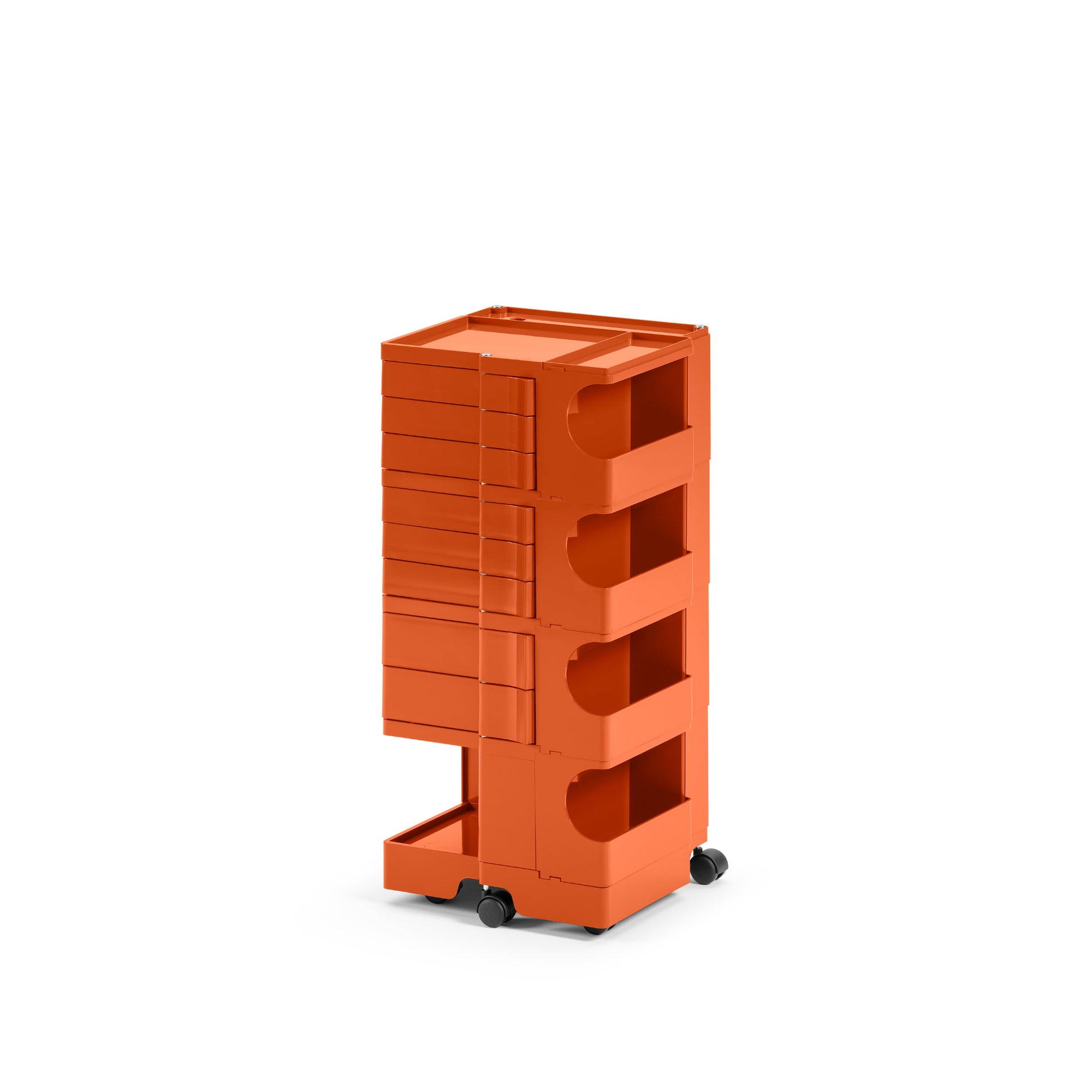 Orange storage cart with multiple shelves on a white background