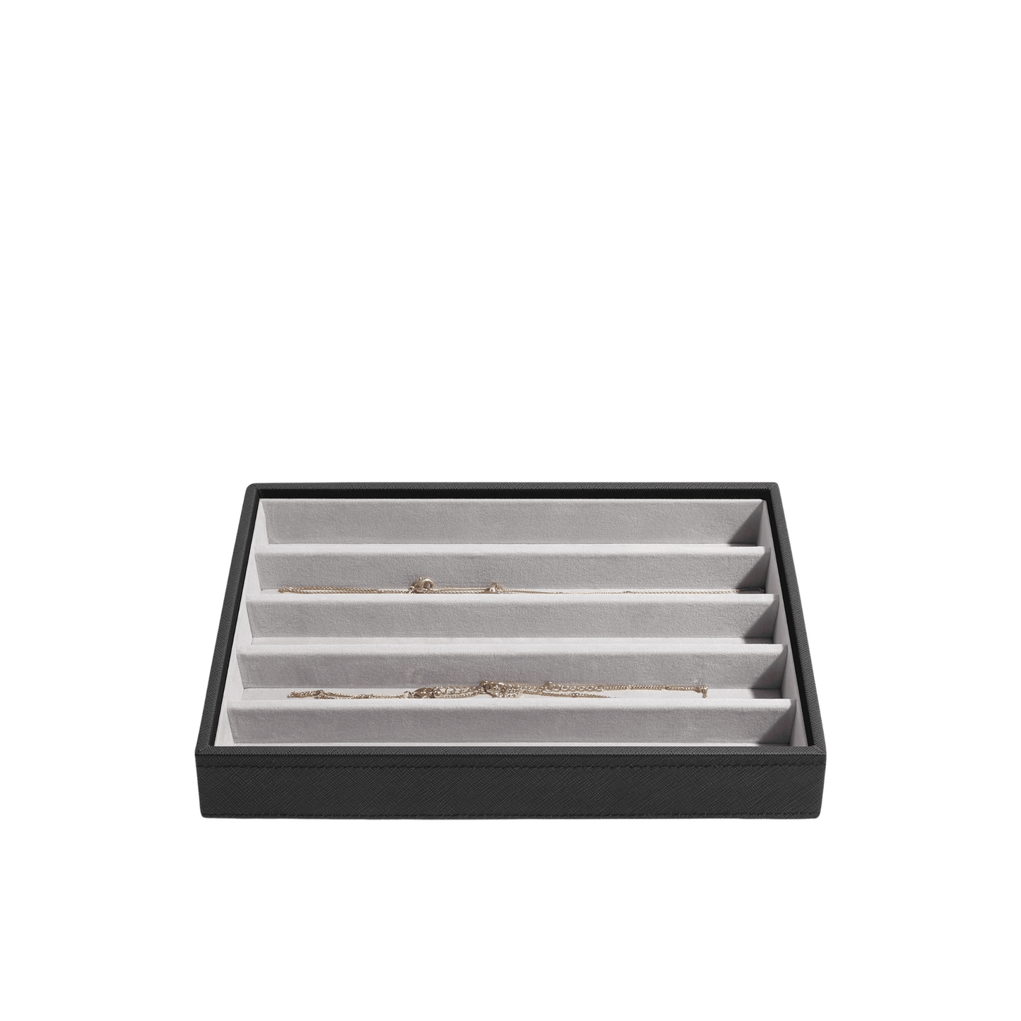 Stackers black jewelry box with gray interior holding multiple necklaces on a white background
